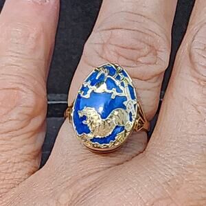 Vintage 14K Yellow Gold Lapis Lazuli Cabochon Sculptural Figural Overlay Ring